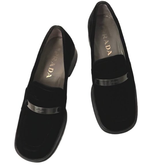 Prada Vintage Black Velvet Chunky Loafers with Metal Logo Size 36.5 US Size 6.5 - Picture 6 of 11